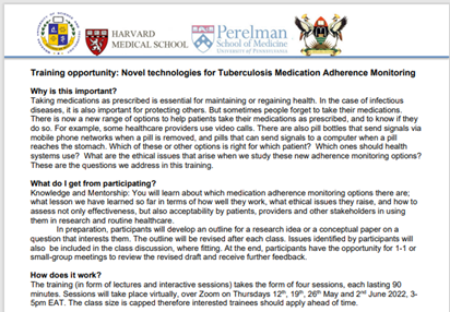 Training Opportunity: Novel Technologies for Tuberculosis Medication Adherence Monitoring